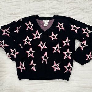 For The Republic Black V-Neck Sweater with Pink and White Stars